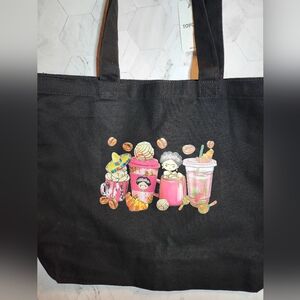 Frida Kahlo Black Tote Bag with Colorful Drink Design